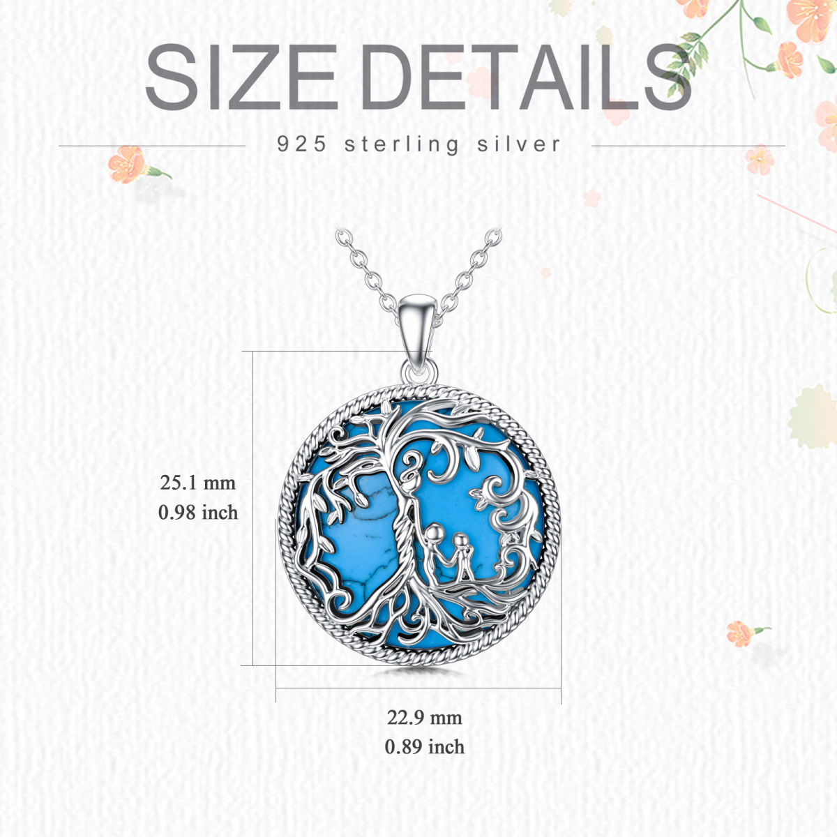 Sterling Silver Round Turquoise & Abalone Shellfish Tree Of Life & Grandmother & Mother & Mother & Daughter Pendant Necklace-4