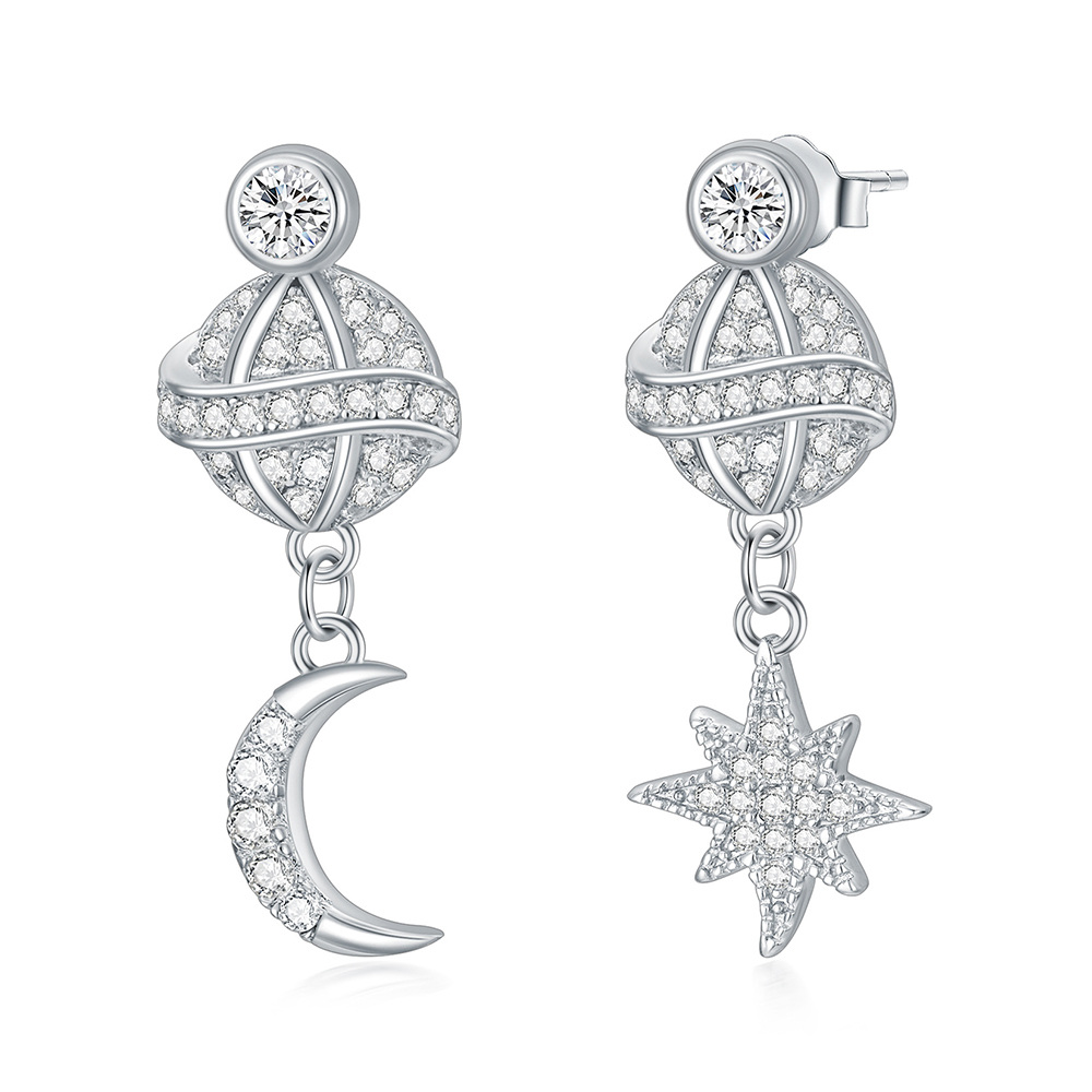 Sterling Silver Circular Shaped Cubic Zirconia Moon & Star Drop Earrings-1