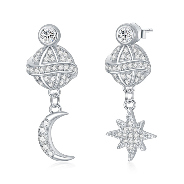 Sterling Silver Circular Shaped Cubic Zirconia Moon & Star Drop Earrings-0