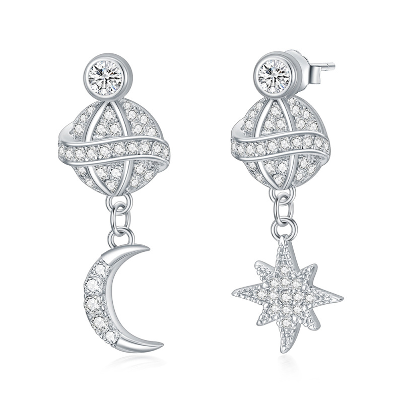 Sterling Silver Circular Shaped Cubic Zirconia Moon & Star Drop Earrings