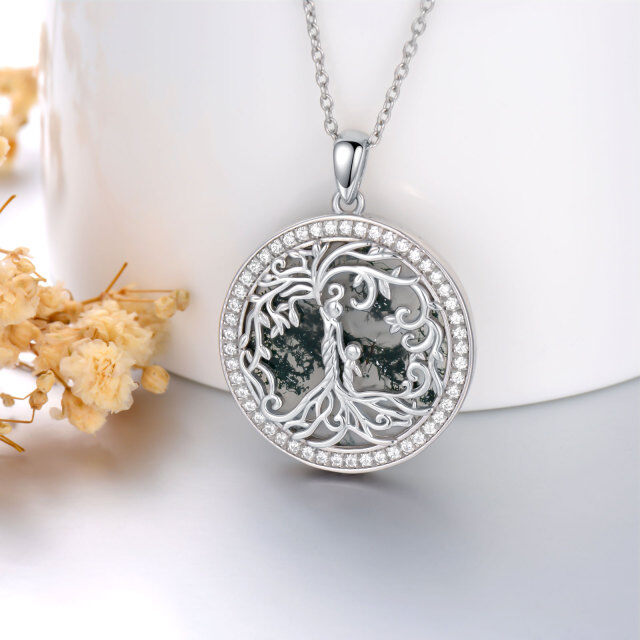 Sterling Silber kreisförmig geformt Moos Achat Baum des Lebens & Mutter Anhänger Halskette-2