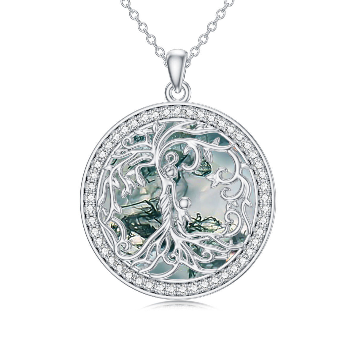 Sterling Silver Circular Shaped Moss Agate Tree Of Life & Mother Pendant Necklace-1