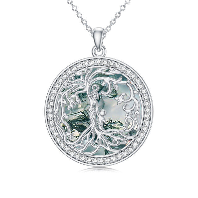 Sterling Silver Circular Shaped Moss Agate Tree Of Life & Mother Pendant Necklace-0