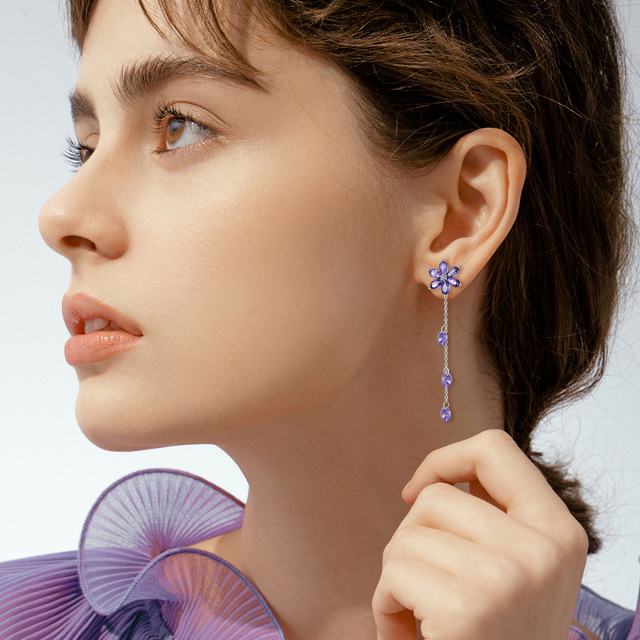 Purple Crystal Flower Stud Earrings in 925 Sterling Silver Gifts for Women-1