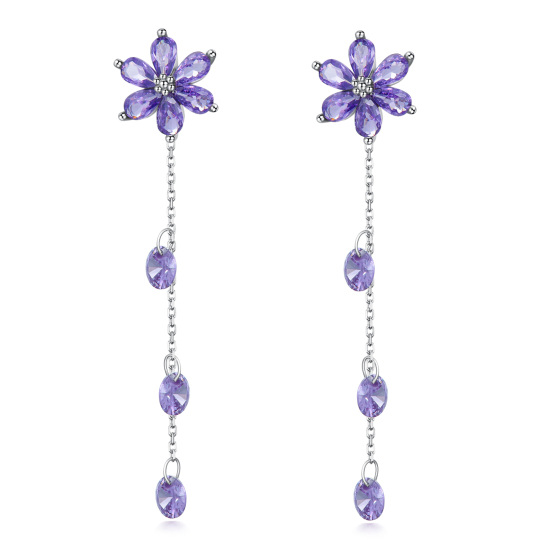 Purple Crystal Flower Stud Earrings in 925 Sterling Silver Gifts for Women