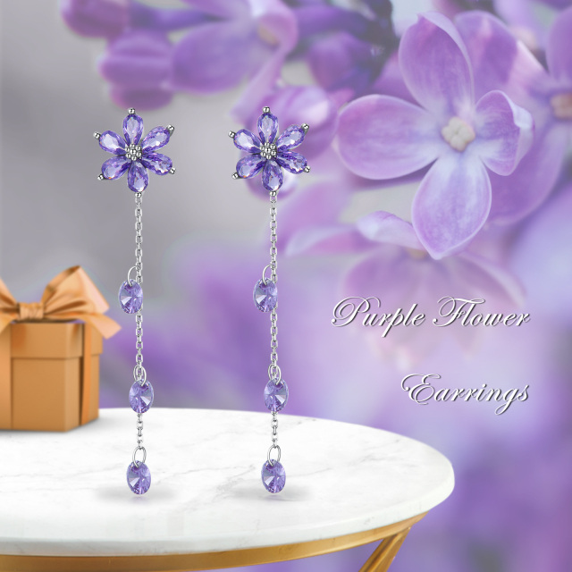 Purple Crystal Flower Stud Earrings in 925 Sterling Silver Gifts for Women-5