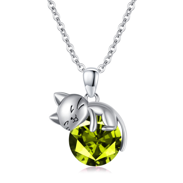 Sterling Silver Round Cubic Zirconia Cat Pendant Necklace-1