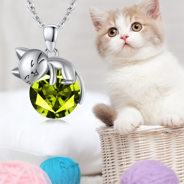 Sterling Silver Round Cubic Zirconia Cat Pendant Necklace-3