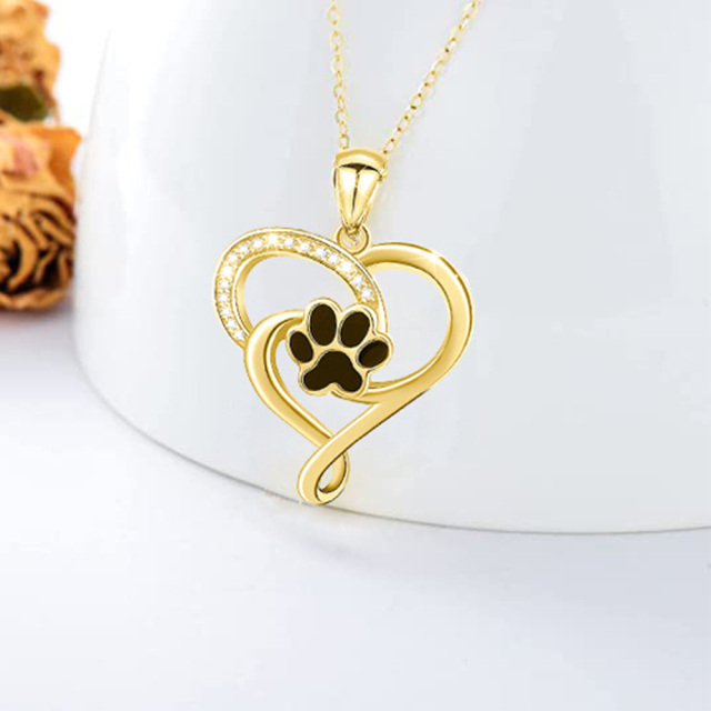 14K Gold Round Zircon Paw & Heart Pendant Necklace-2