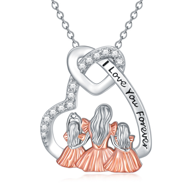 Sterling Silver Two-tone Cubic Zirconia Mother & Daughter Heart Pendant Necklace with Engraved Word-0