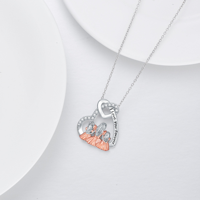 Sterling Silver Two-tone Cubic Zirconia Mother & Daughter Heart Pendant Necklace with Engraved Word-4