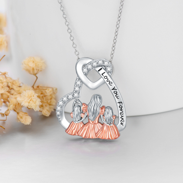 Sterling Silver Two-tone Cubic Zirconia Mother & Daughter Heart Pendant Necklace with Engraved Word-3