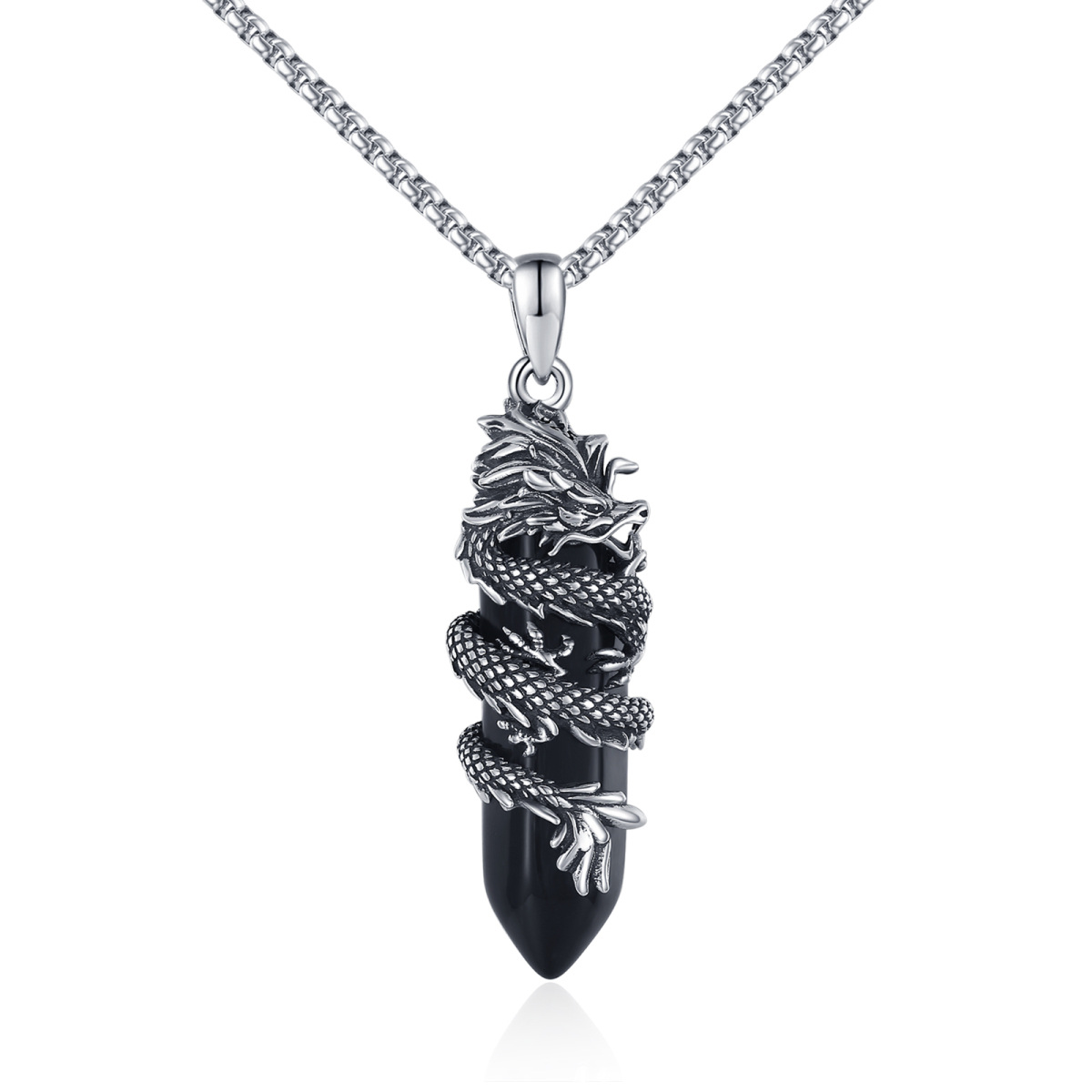 Sterling Silver Dragon Black Bullet Shaped Crystal Pendant Necklace-1