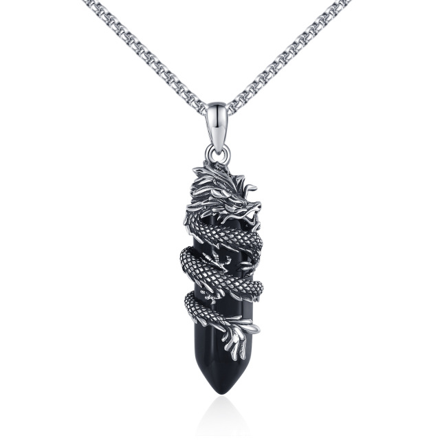 Sterling Silver Dragon Black Bullet Shaped Crystal Pendant Necklace-0