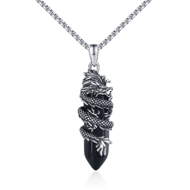 Sterling Silber Dragon Black Bullet Shaped Crystal Anhänger Halskette-0