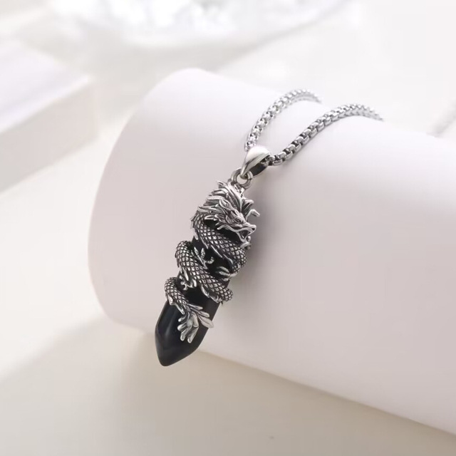 Sterling Silver Dragon Black Bullet Shaped Crystal Pendant Necklace-5