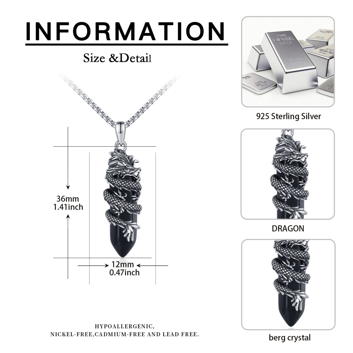Sterling Silver Dragon Black Bullet Shaped Crystal Pendant Necklace-8