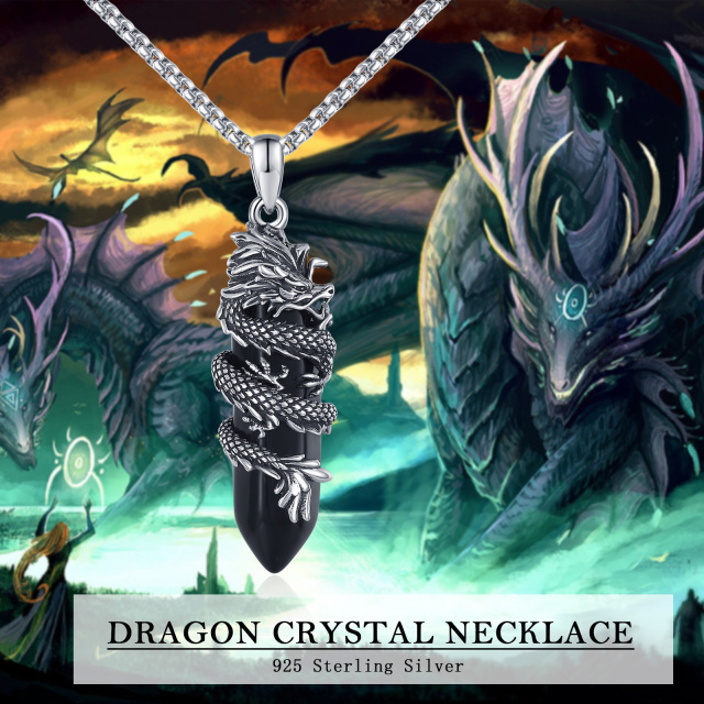 Sterling Silver Dragon Black Bullet Shaped Crystal Pendant Necklace-6