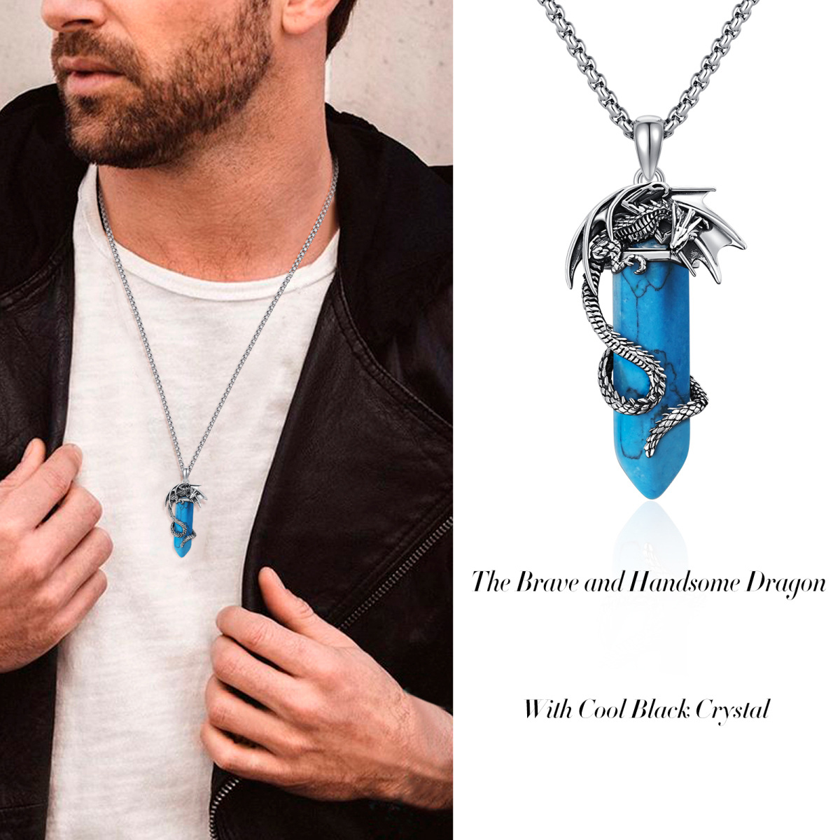 Collier en argent sterling avec pendentif dragon en turquoise pour hommes-7