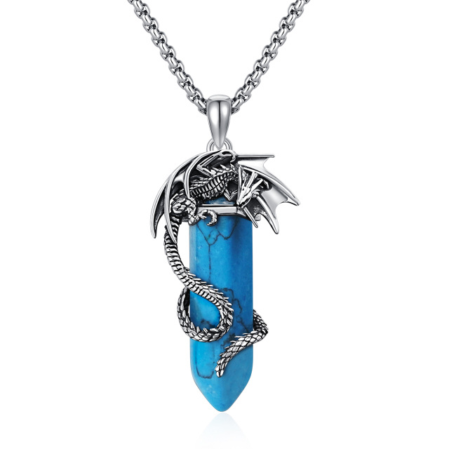 Sterling Silver Turquoise Dragon Pendant Necklace for Men-0