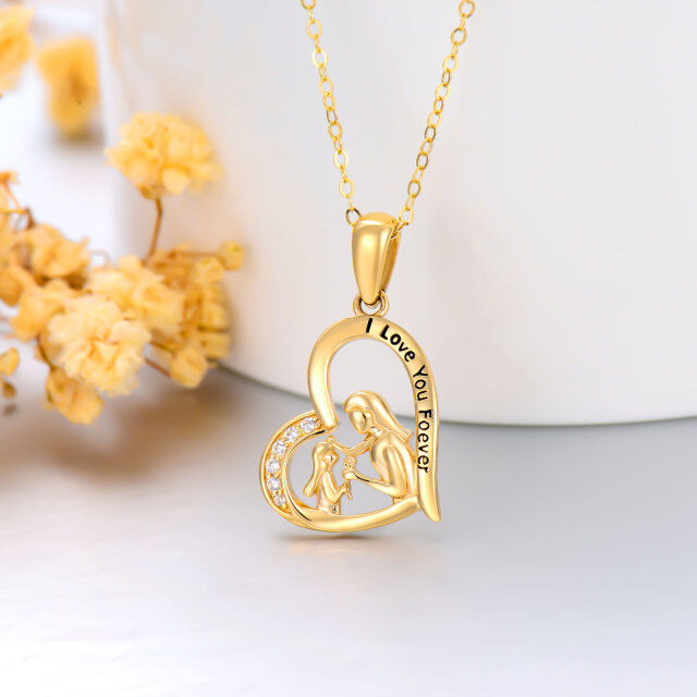 14K Gold Heart Zircon Mother & Daughter Heart Pendant Necklace-2
