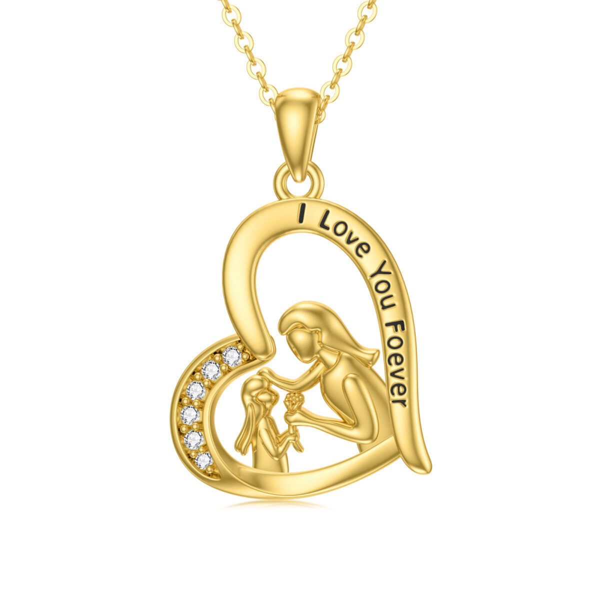 14K Gold Heart Zircon Mother & Daughter Heart Pendant Necklace-1