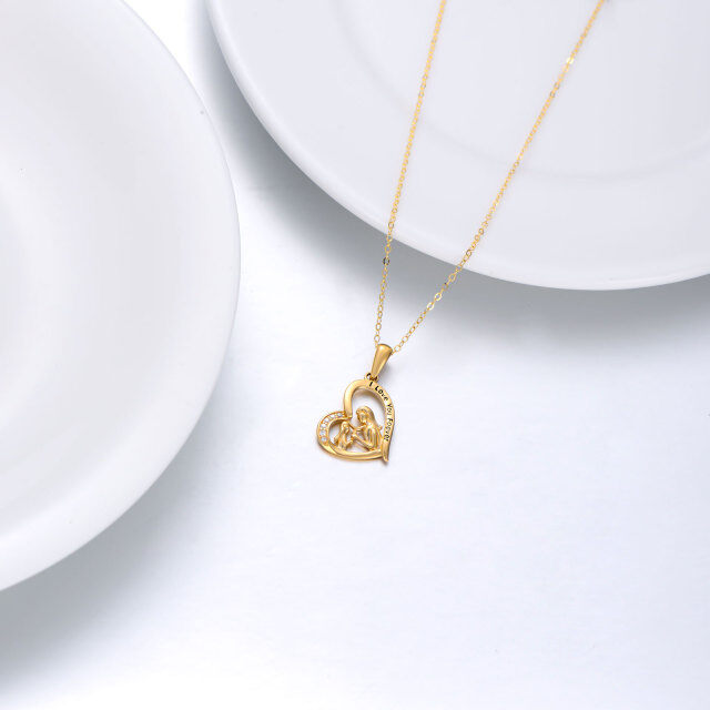 14K Gold Heart Zircon Mother & Daughter Heart Pendant Necklace-3