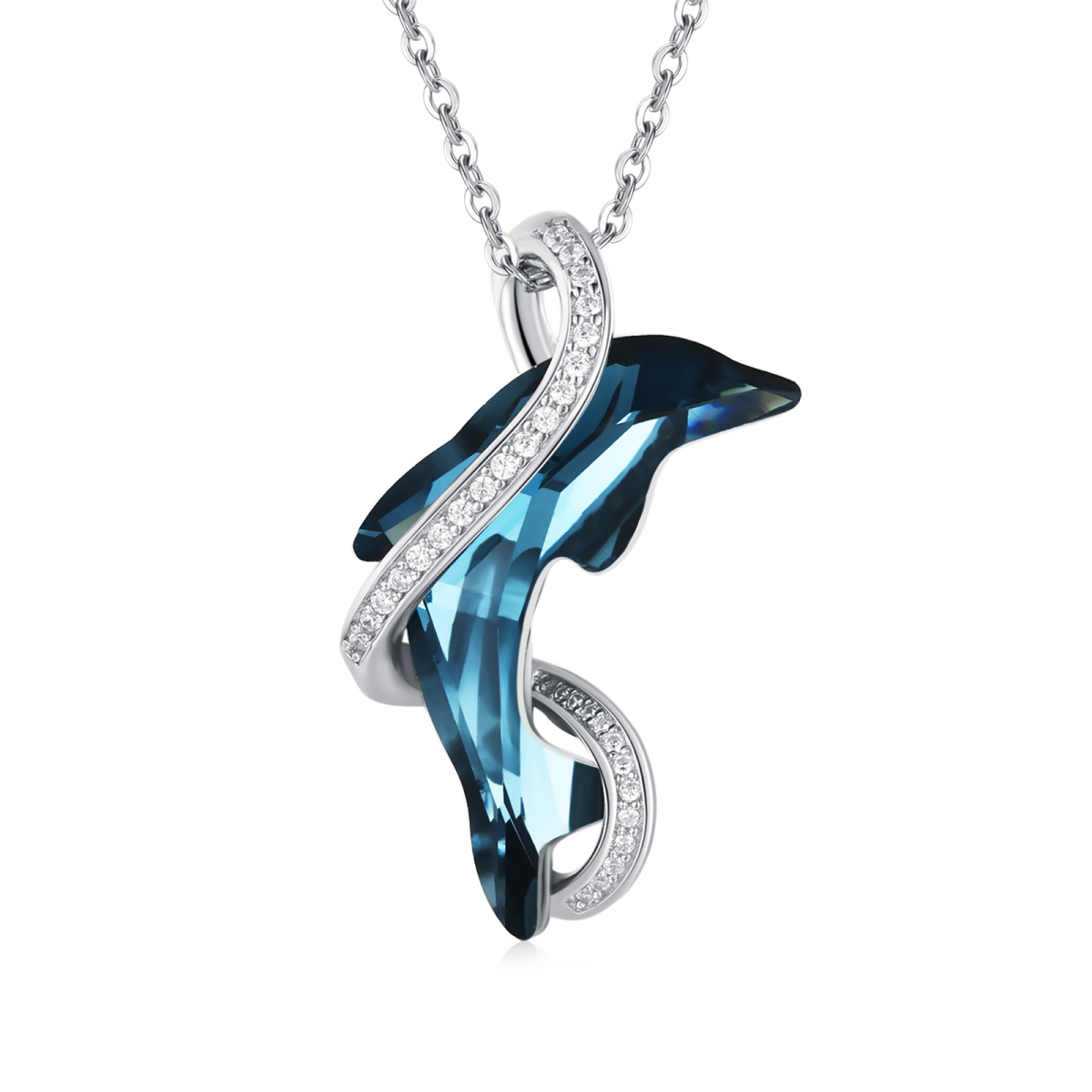 Sterling Silver Dolphin Crystal Pendant Necklace-1