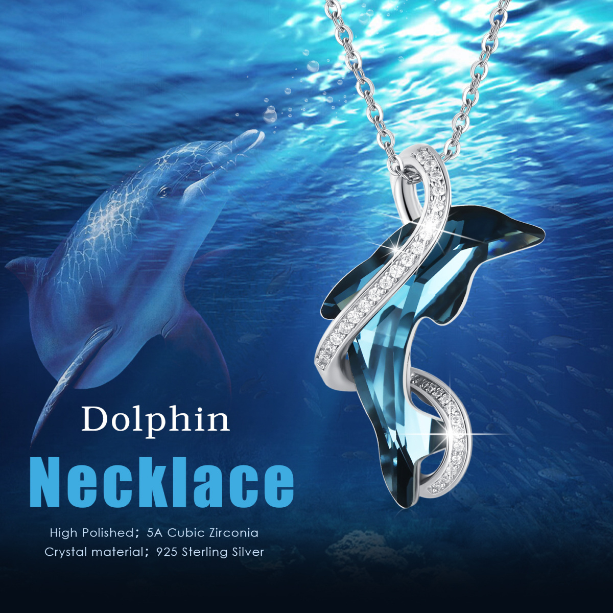 Sterling Silver Dolphin Crystal Pendant Necklace-5