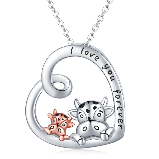 Sterling Silver Two-tone Cow & Heart Pendant Necklace-0