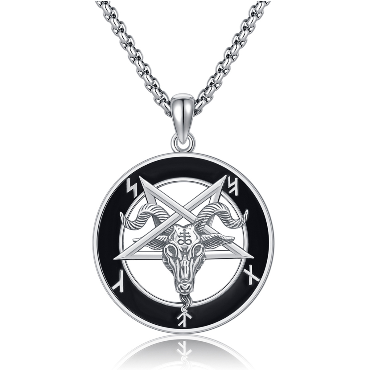 Sterling Silver Pentagram & Satanic Goat Pendant Necklace for Men-1