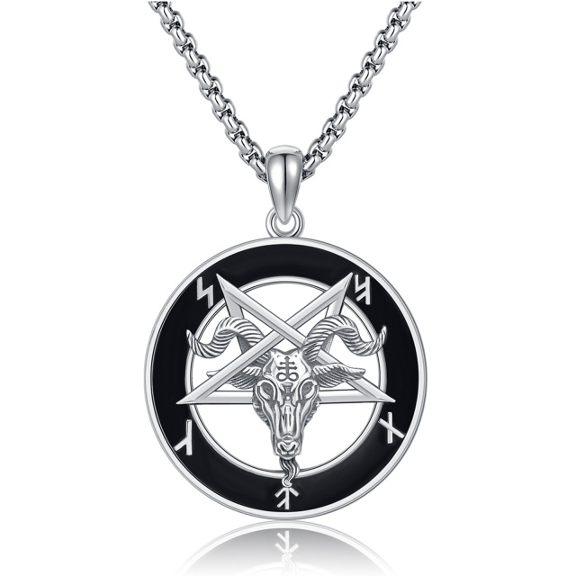 Sterling Silver Pentagram & Satanic Goat Pendant Necklace for Men-0
