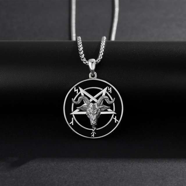 Colar com pingente de cabra satânica pentagrama de prata esterlina para homens-5