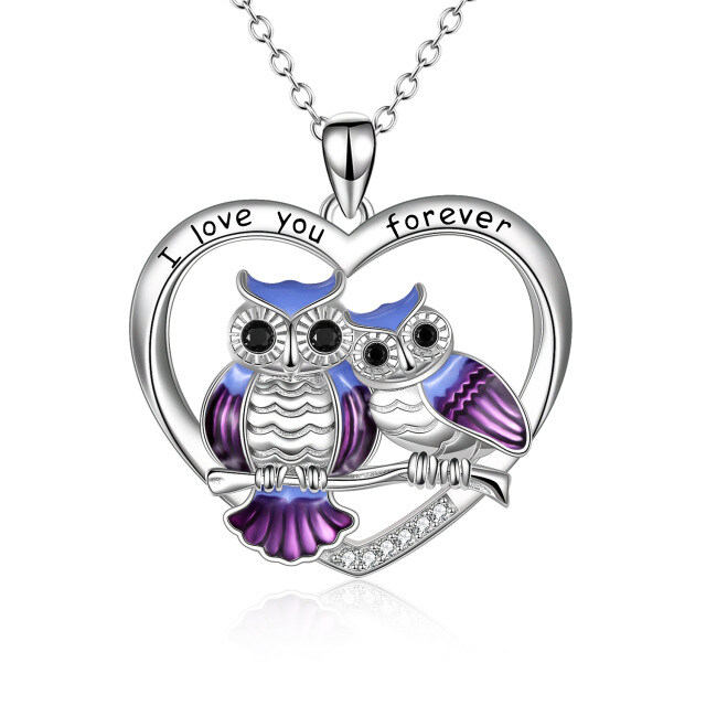 Sterling Silver Owl & Heart Pendant Necklace with Engraved Word-0