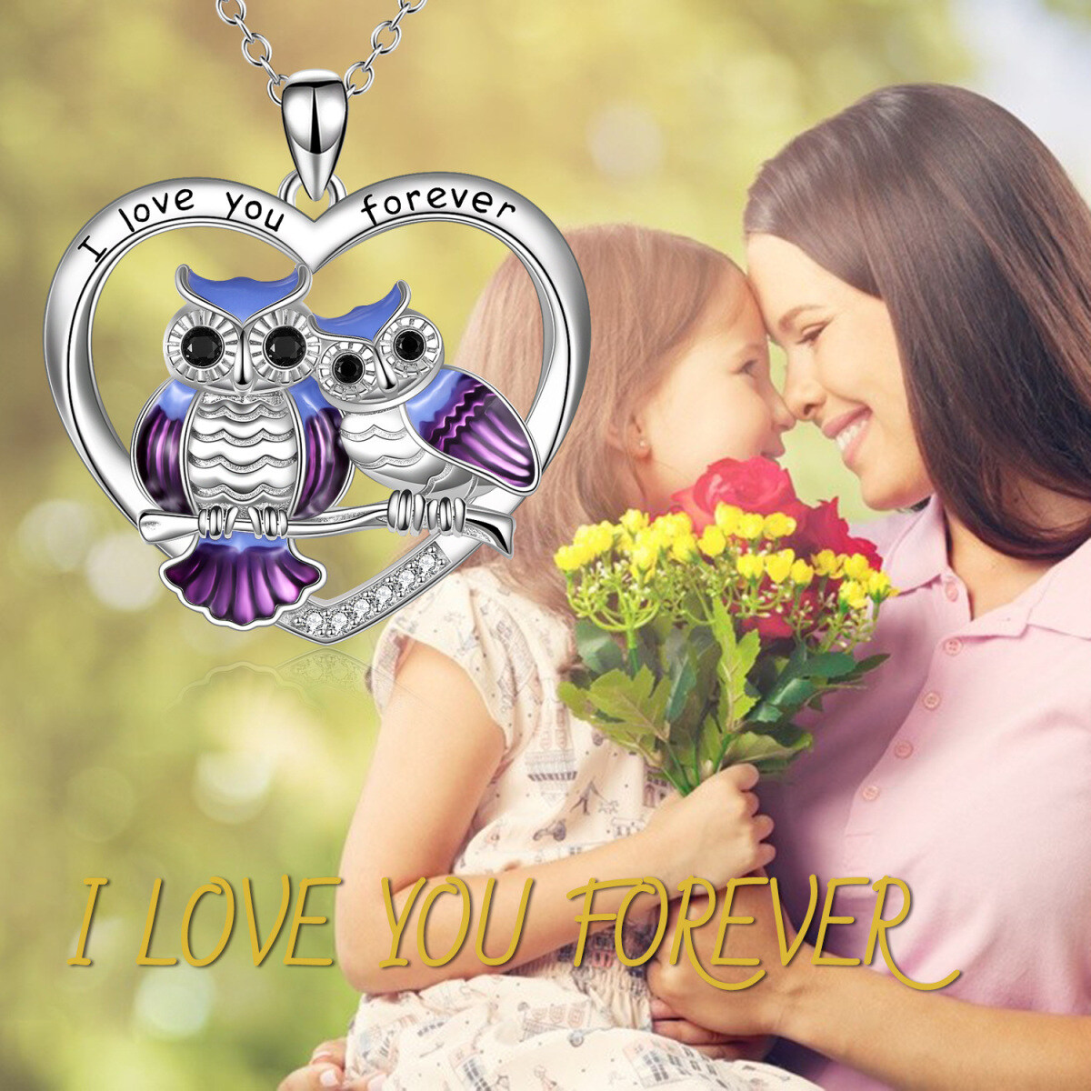 Sterling Silver Owl & Heart Pendant Necklace with Engraved Word-6