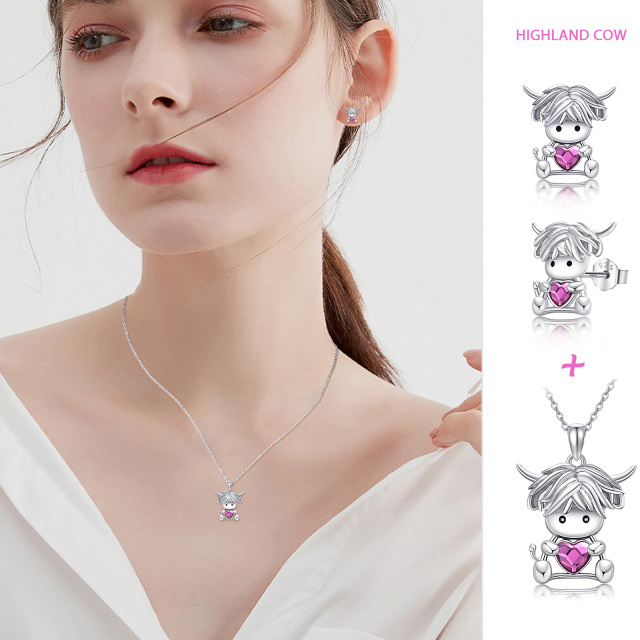 Sterling Silver Heart Crystal Cow Pendant Necklace-2