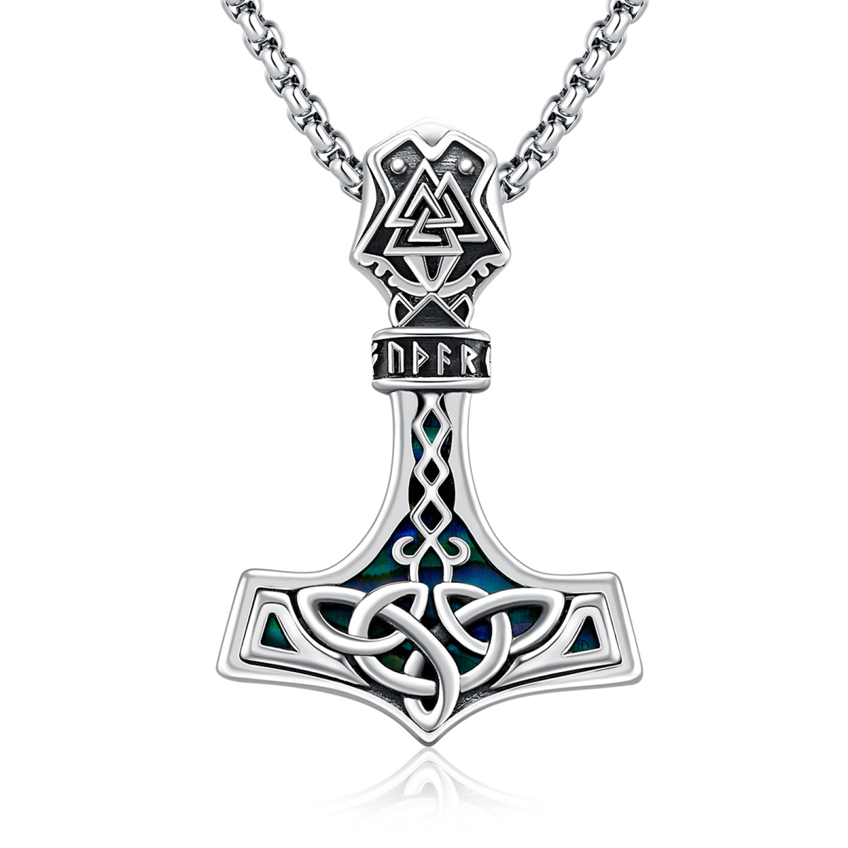 Collier en argent sterling avec pendentif marteau de Thor en coquille d'abalone-1