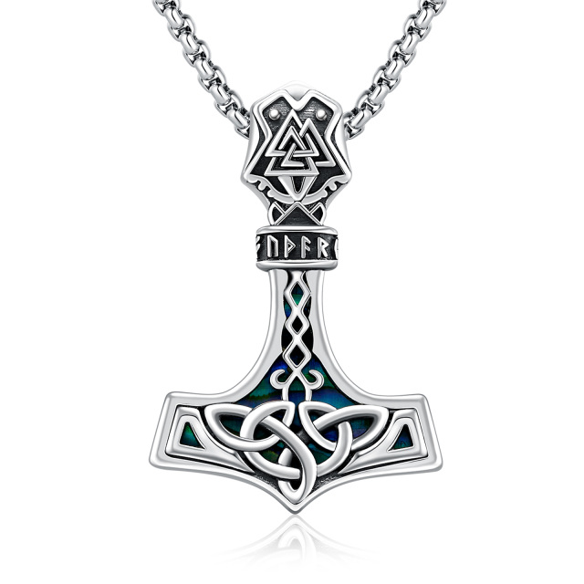 Collier en argent sterling avec pendentif marteau de Thor en coquille d'abalone-0