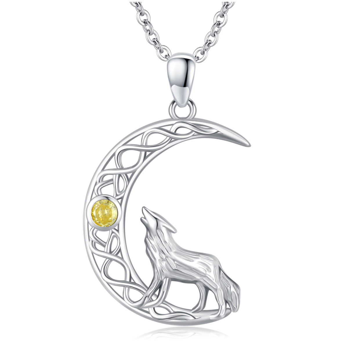 Sterling Silver Round Zircon Wolf Pendant Necklace-1