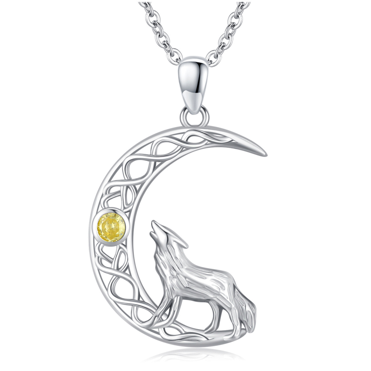 Sterling Silber Rund Zirkon Wolf Anhänger Halskette-1