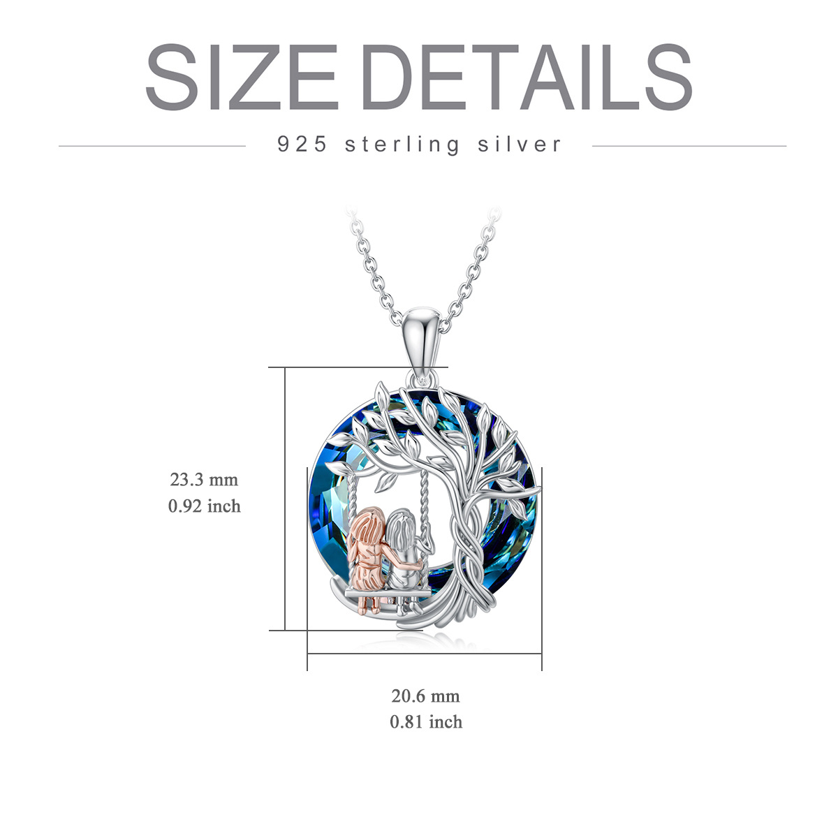 Sterling Silver Two-tone Circular Shaped Tree Of Life & Sisters & Swing Crystal Pendant Necklace-5