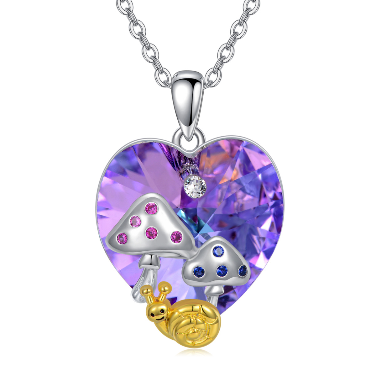Sterling Silver Heart Crystal Mushroom Pendant Necklace-1