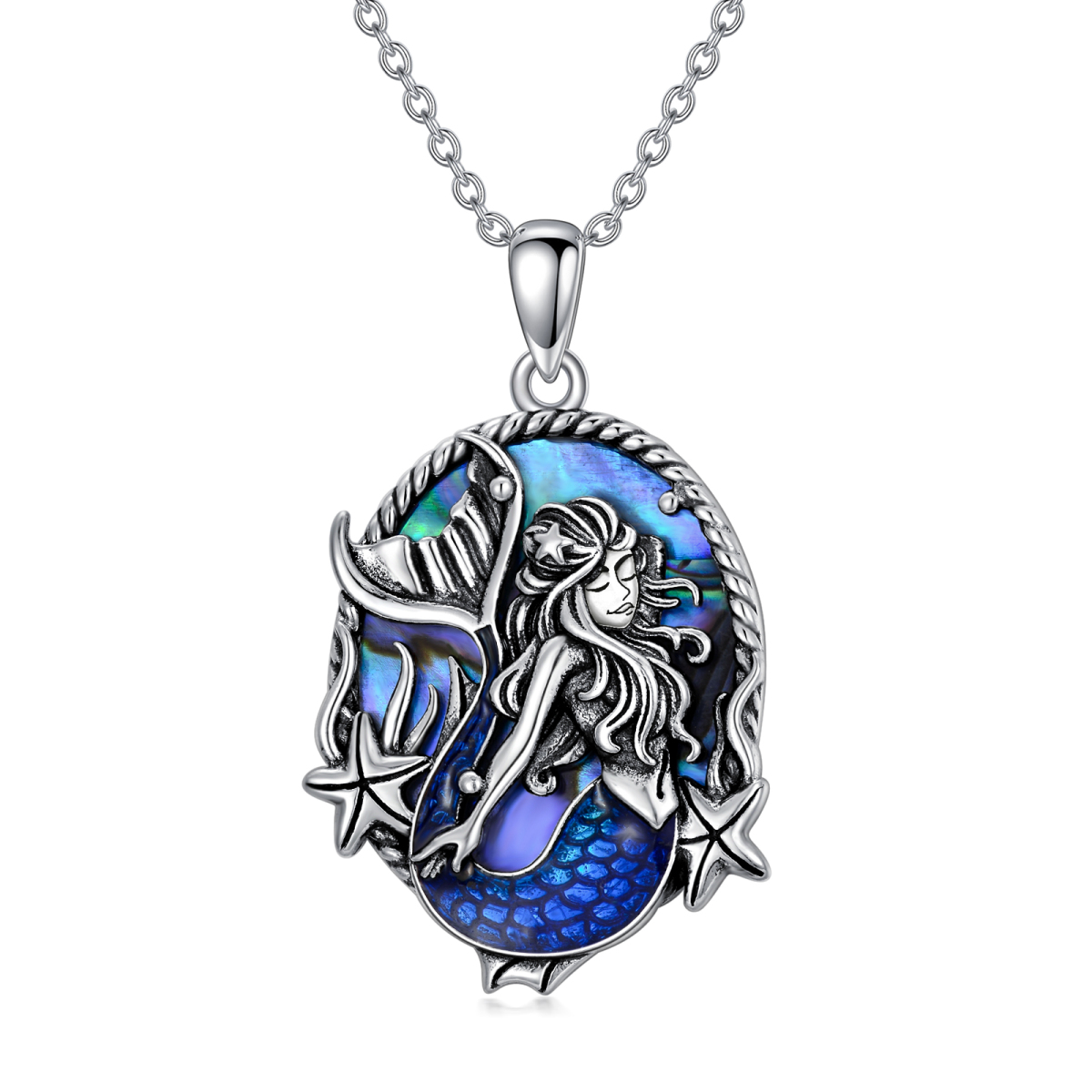 Sterling Silver Oval Abalone Shellfish Mermaid Pendant Necklace-1