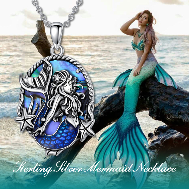 Sterling Silver Oval Abalone Shellfish Mermaid Pendant Necklace-2