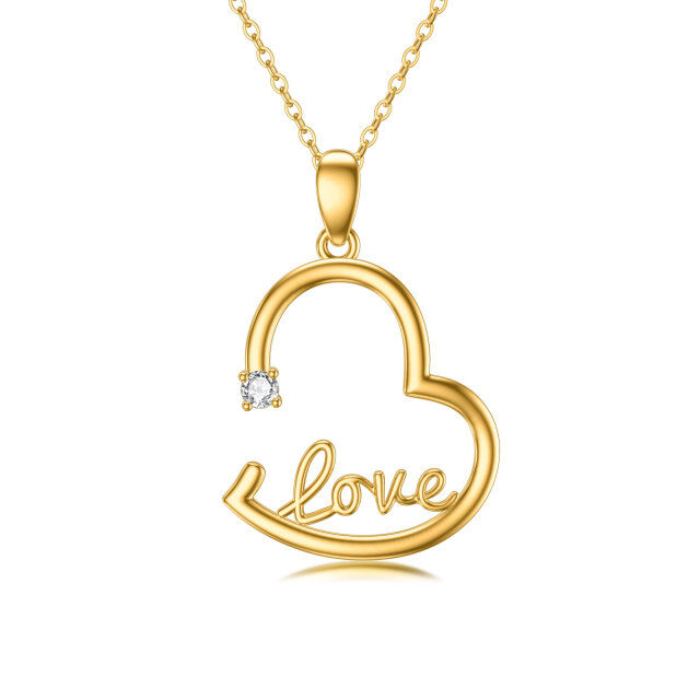 14K Gold Round Diamond Heart Anhänger Halskette mit eingraviertem Wort-0