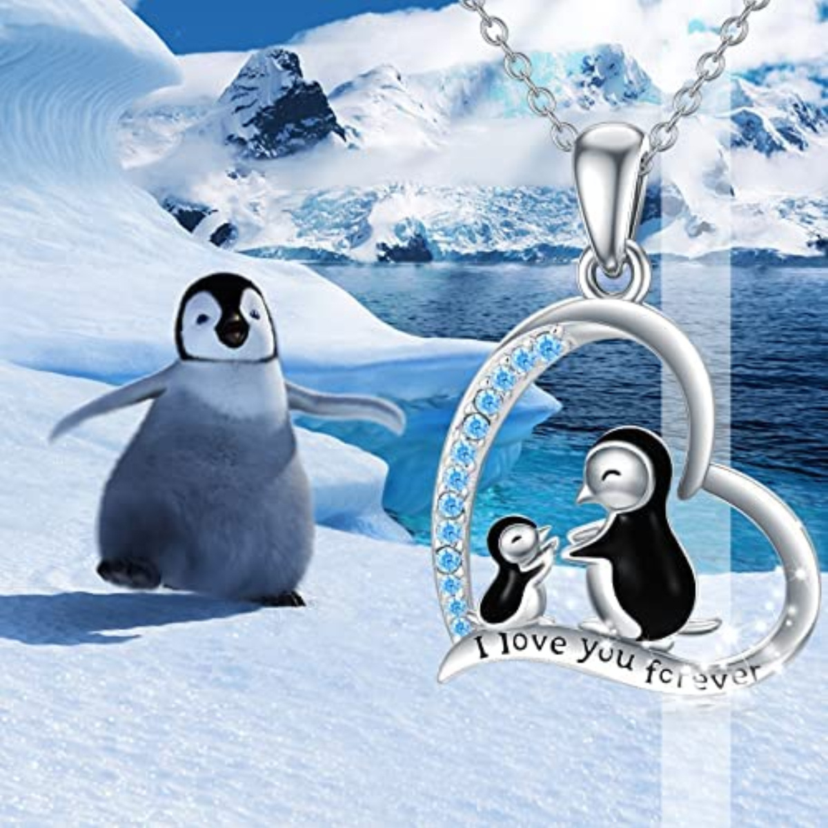 Sterling Silver Circular Shaped Zircon Penguin Pendant Necklace with Engraved Word-6