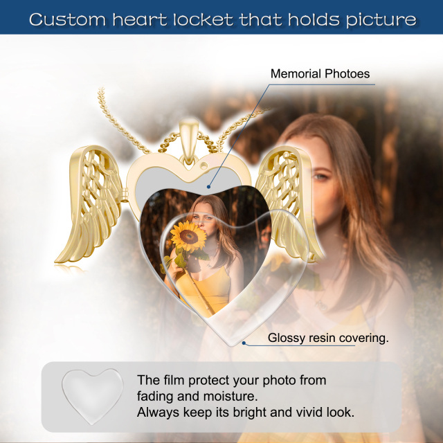 Plata de ley con baño de oro amarillo Angel Wing Heart Personalized Engraving & Custom Photo Locket Necklace-2