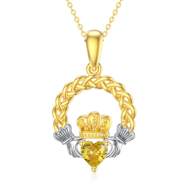 9K White Gold & Yellow Gold Heart Cubic Zirconia Celtic Knot Pendant Necklace-0