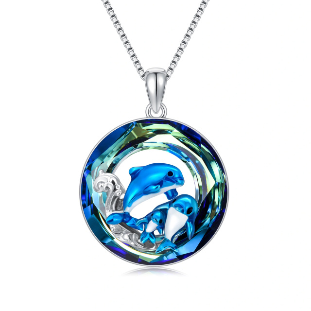 Sterling Silver Circular Shaped Dolphin Crystal Pendant Necklace-0