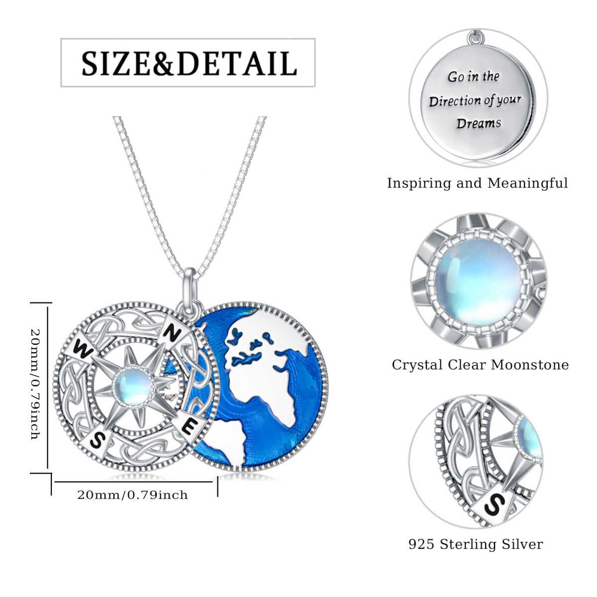 Sterling Silber Mondstein Kompass Anhänger Halskette mit eingraviertem Wort-5